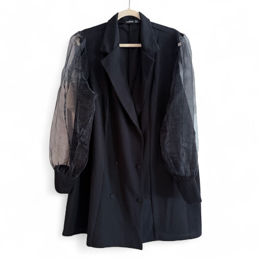 Chic Black Blazer with Sheer Sleeves | Plus​​